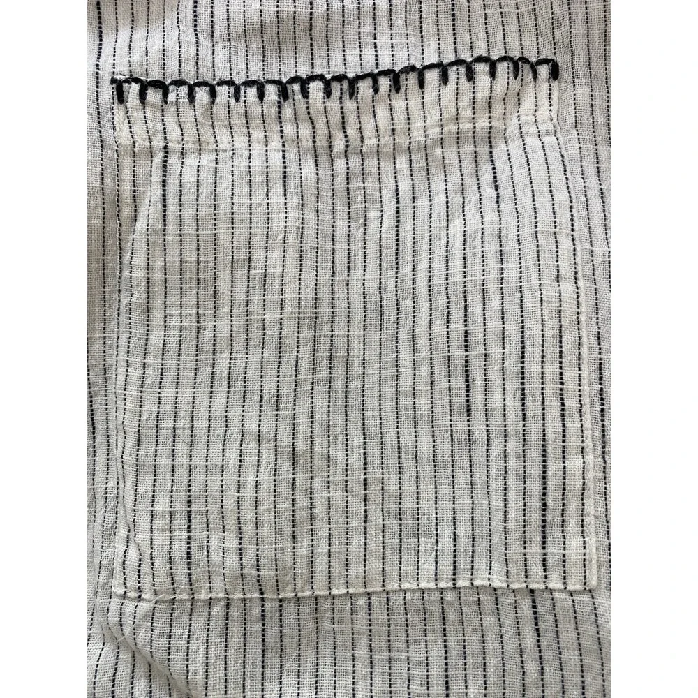 Zara Women S Creamy White Black Striped Embroidered Puff Sleeve Button Up Blouse
